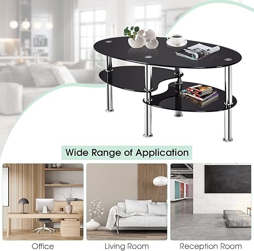 Miniatura 8 de COSTWAY Mesa auxiliar de cristal, mesa auxiliar de sofá de 3 niveles con patas de tubo de metal y estantes abiertos, moderna mesa auxiliar ovalada