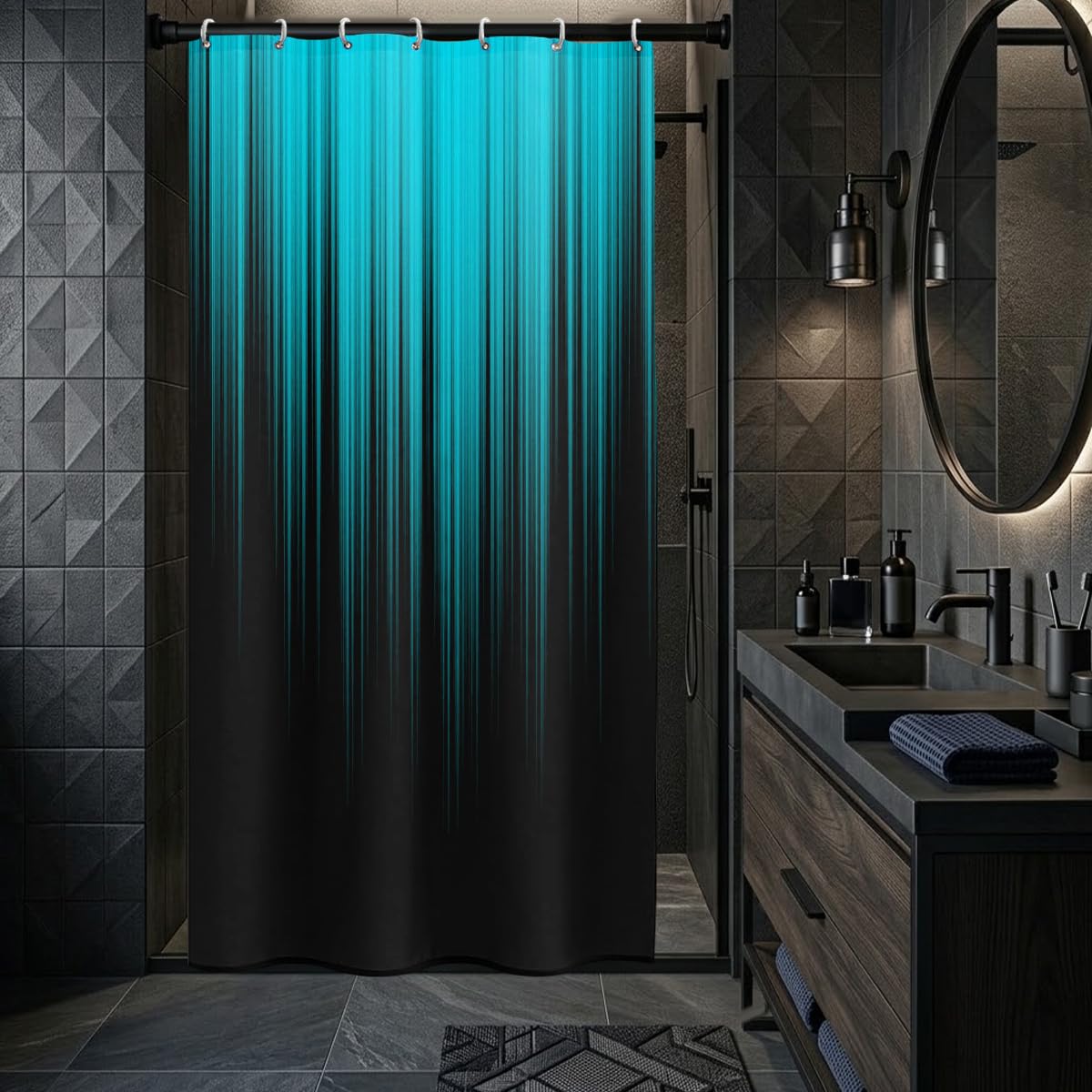 AAtter Teal Black Ombre Shower Curtain, Small Stall 36x72 Inch, 7 Hooks