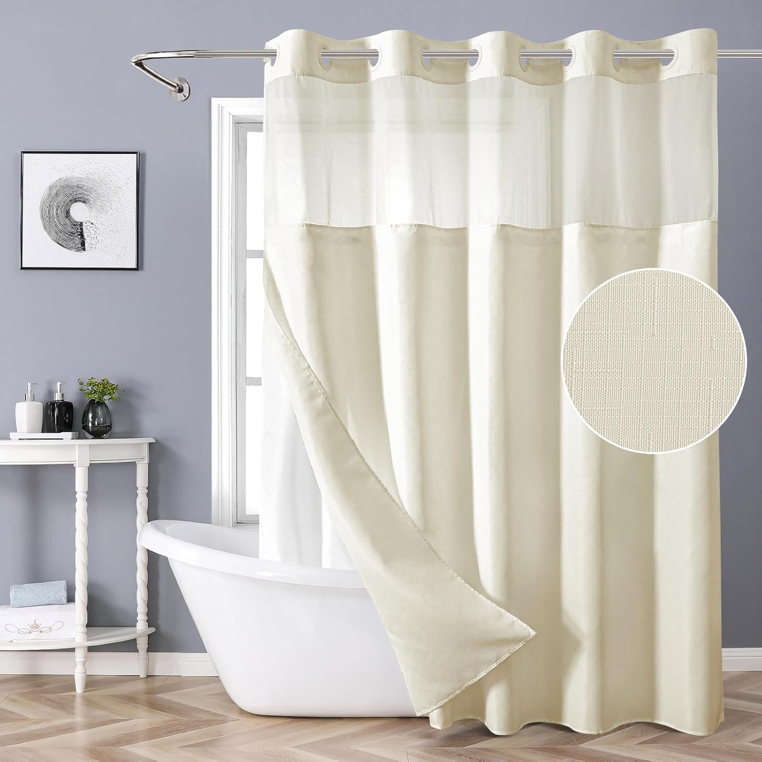 Extra Long No Hook Shower Curtain with Snap-in Fabric Liner Set,Slub Textured Fabric Shower Curtains for Bathroom,Hotel Style Modern Shower Curtain,Water Repellent & Washable,71x86(84),Cream