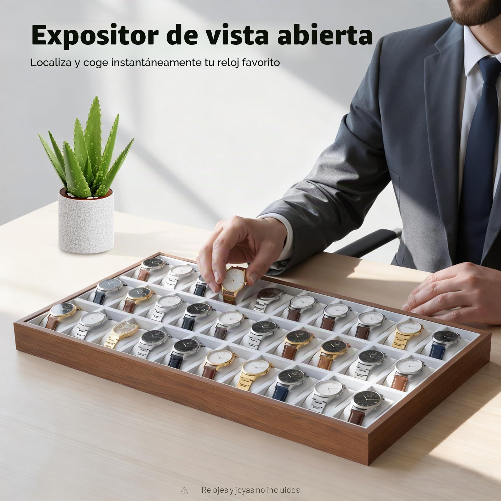 Caja de almacenamiento de madera para reloj de joyería, escaparate, pulsera, bandeja de almacenamiento, joyas, reloj, caja de madera, caja de exhibición, soporte de exhibición (30 ranuras)