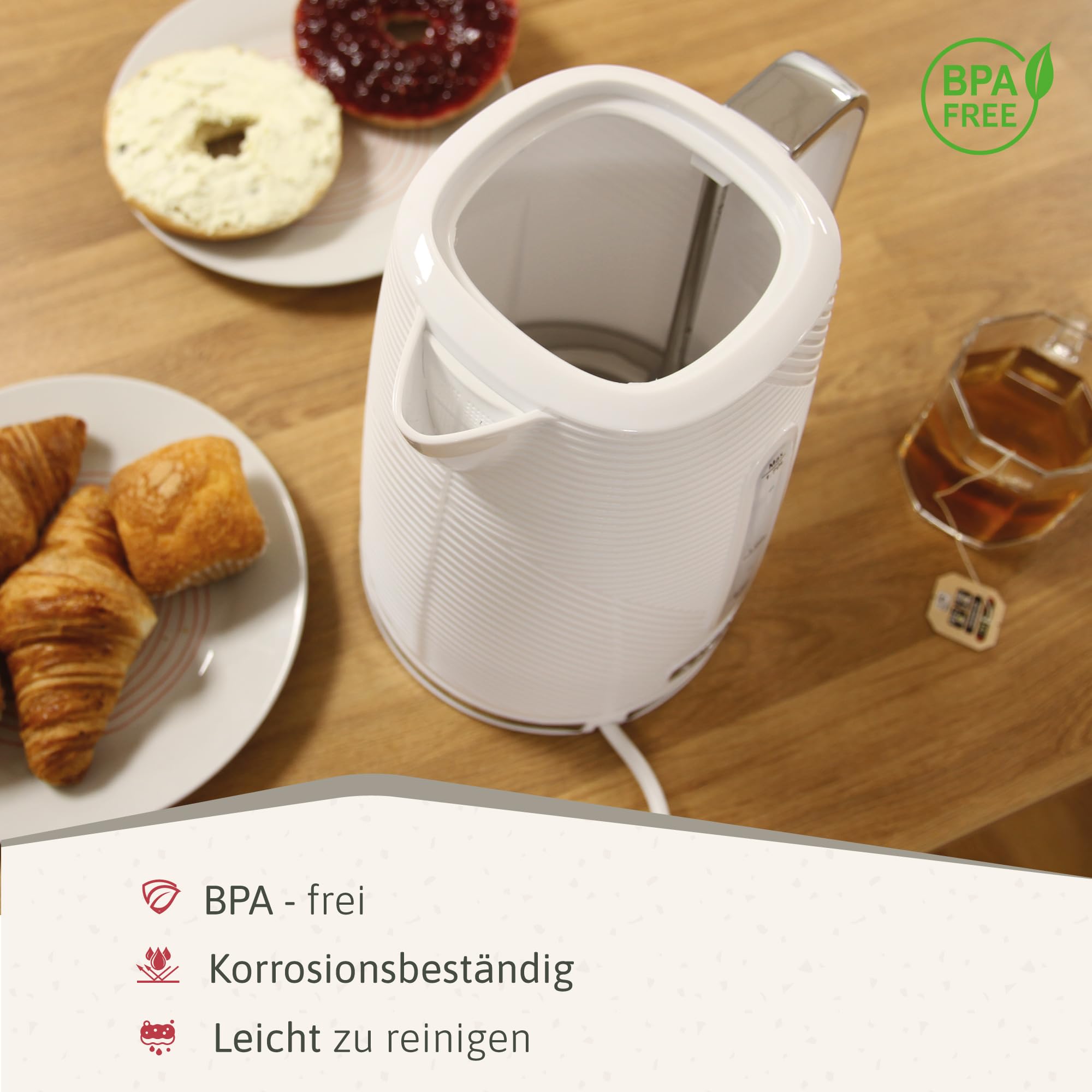 briebe Elegance Toaster Set Breiter Schlitz 2 Scheiben 7 Bräunungsstufen Wasserkocher 1,7L Kabellos 2200W BPA Frei Weiß