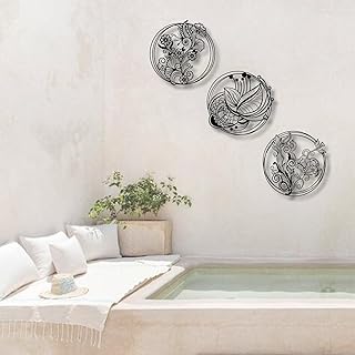 Metall Wanddeko mit Blumenmotiv | 3-teiliges Set, Maße 90 x 90 x 0,15 cm | Moderne und Vintage Metall Wandkunst für Wohnzimmer, Schlafzimmer, Büro und Außenbereich (Schwarz, 90 cm x 90 cm)