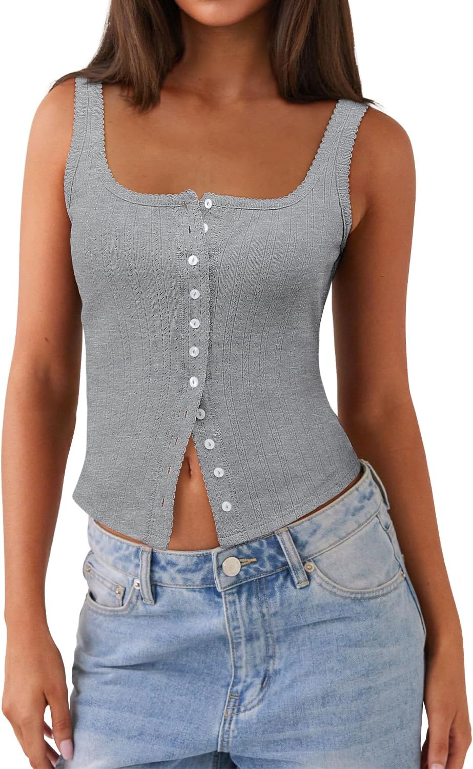 Women's Button Down Sexy Camisole Crop Tank Tops Scoop Neck Slim Shirts 2026 Summer Trendy Casual Work Outfits