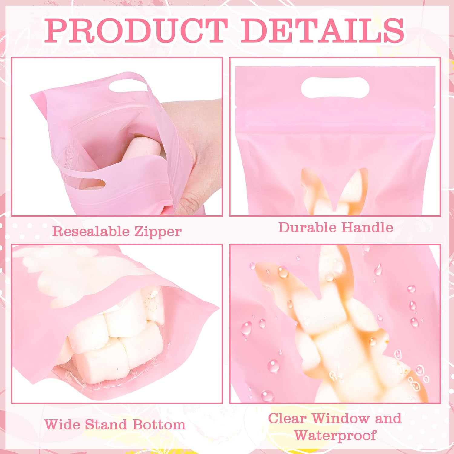 FYSUIMU 50Pcs Easter Zip Bags Pink Plastic Sealing Pouches with Handle Bunny Shaped Window Resealable Treat Candy Goody Gift Bags with for Spring Birthday Baby Shower Party Supplies image 3