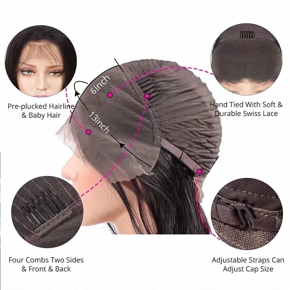Chocolate Brown 180% Density Yaki Kinky Straight Hair Wig For Women 16Inch Natural Hairline Kinky Straight Wig With Afro Baby Hair 13X6 HD Lace Wig