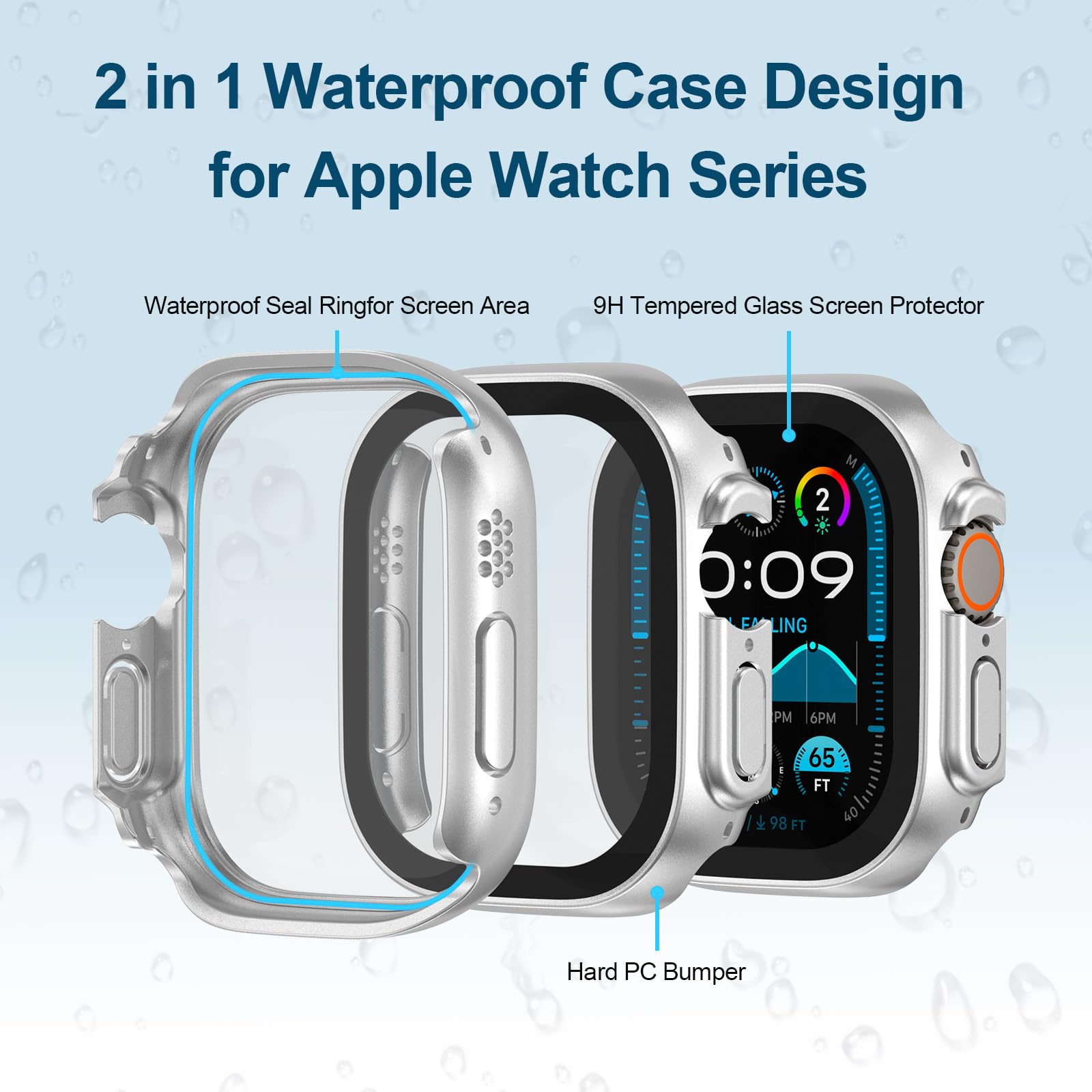 YIJDACASE Custodia impermeabile 2 in 1 per Apple Watch, protezione schermo 49 mm Ultra/Ultra 2 accessori con pellicola protettiva in vetro temperato e copertura paraurti in PC compatibile con iWatch