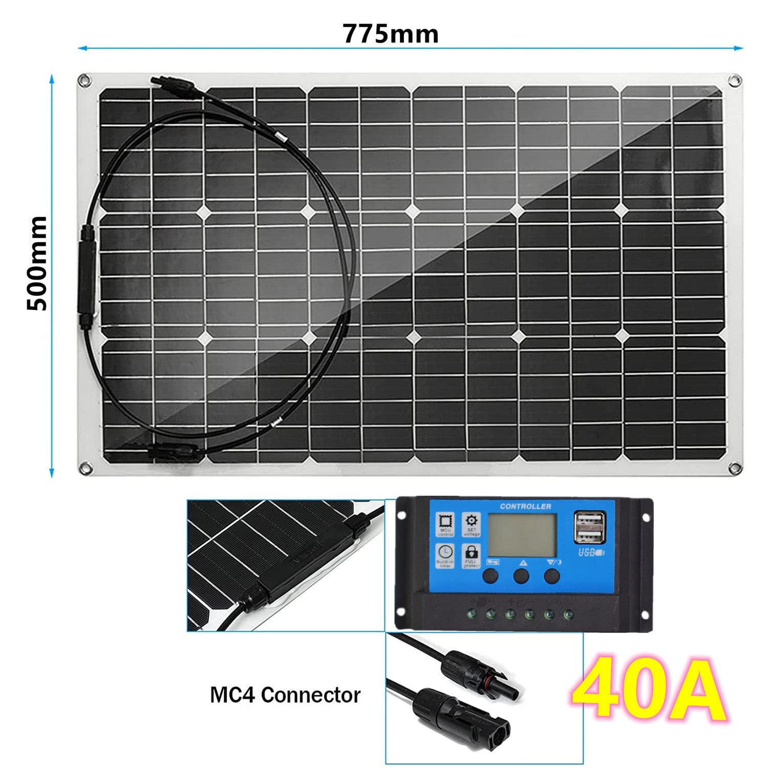 Pannelli Solari Flessibili con Controller 40A, 18V 150W/300W/450W/600W Modulo PV Monocristallino Impermeabile per Campeggio, Barca, Roulotte, Camper, off-Grid, Scelta Verde 3x150W