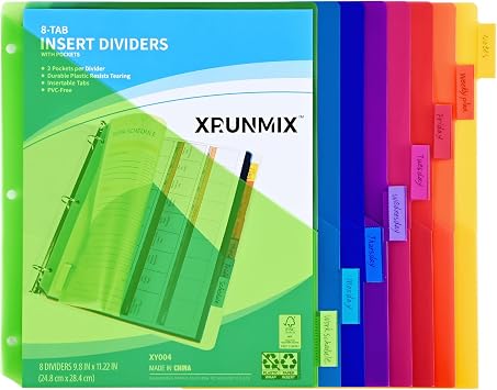 8-Tab Binder Dividers - Index Pockets Divider for 3 Ring Binders, 3-Hole Plastics Sheets Protectors for US Letter Size in 0.5, 1, 2, 3 inch Binders, 8 Colors XY004 1 Pack