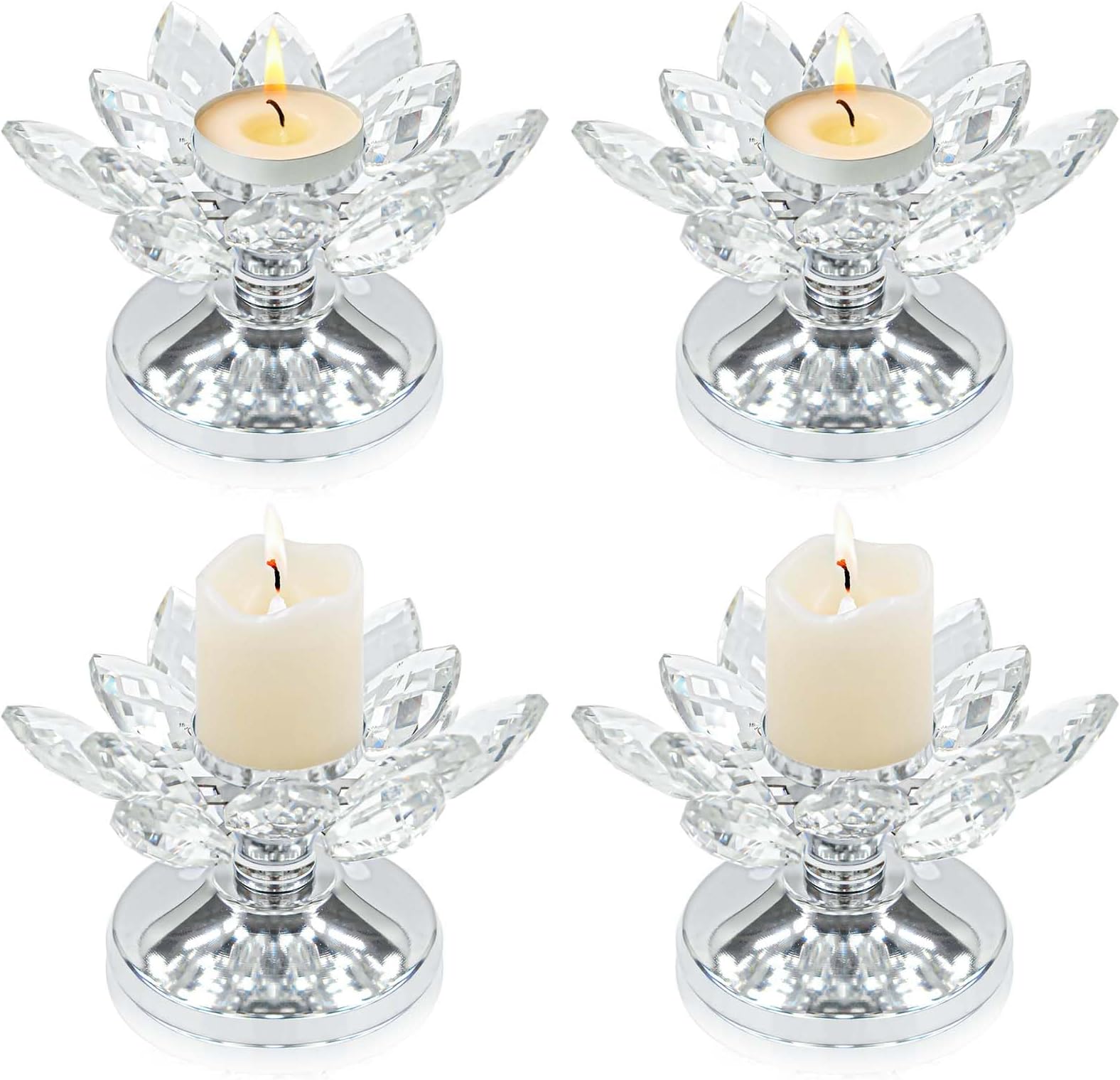 4 PCS Silver Crystal Flower Tea Light Holder, Glass Tealight Candlestick with Metal Base, Votive Candle for Table Centerpiece, Wedding/Parties Decor, Nice Gift