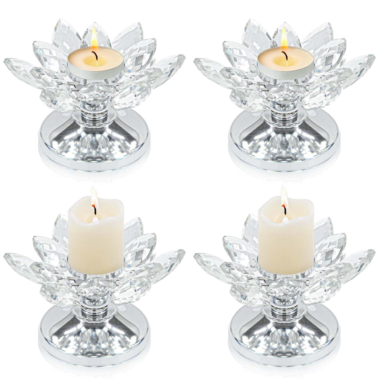 4 PCS Silver Crystal Flower Tea Light Holder, Glass Tealight Candlestick with Metal Base, Votive Candle for Table Centerpiece, Wedding/Parties Decor, Nice Gift