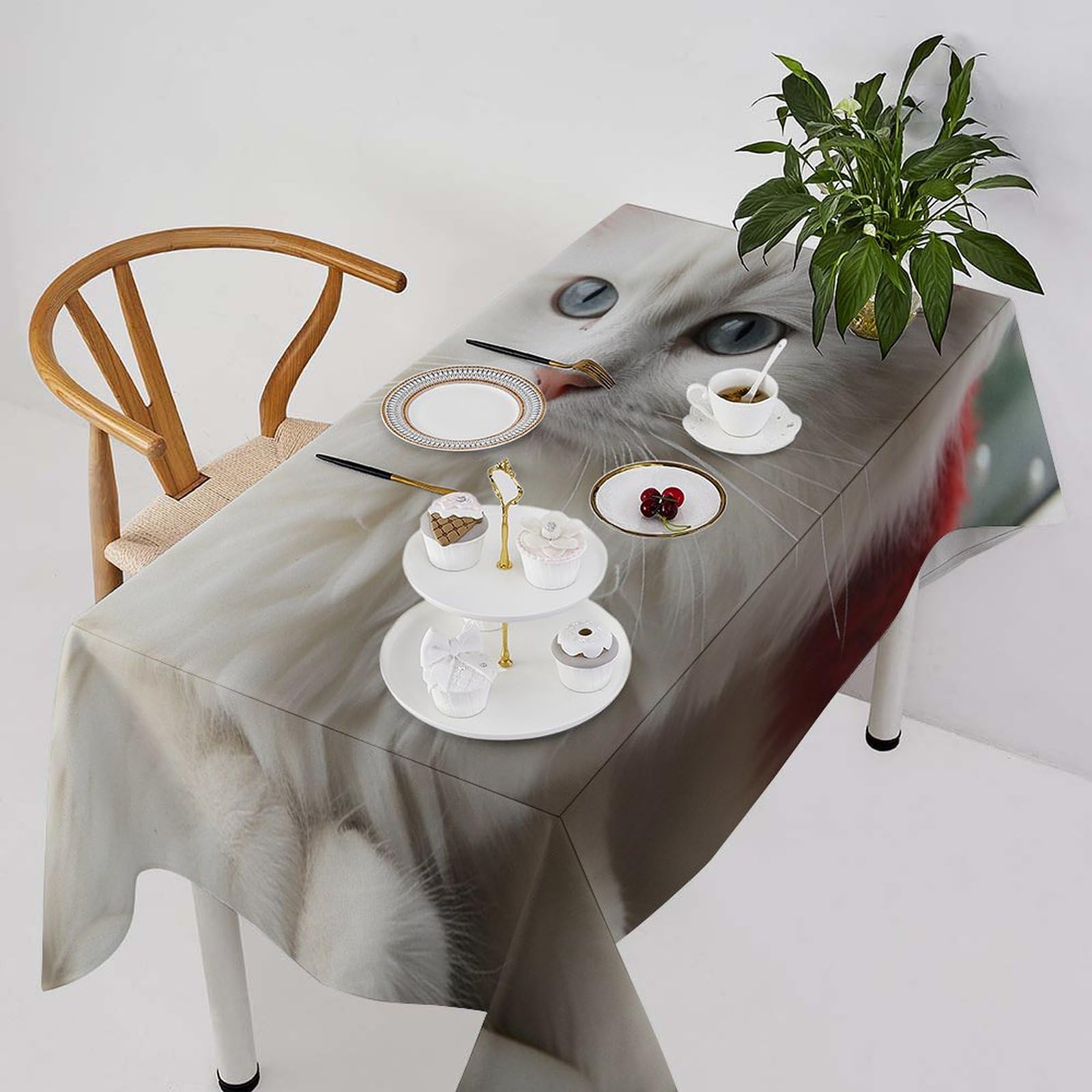 Nappe en lin lavable de style rustique 140 x 140 cm avec motif chat blanc imperméable et résistante