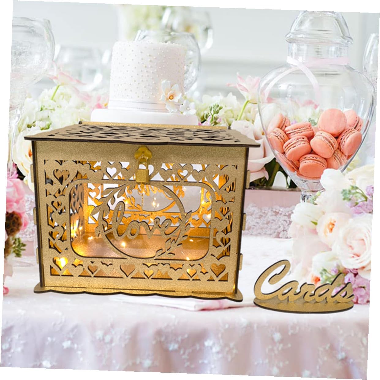 Wooden Hollow Greeting Card Box with Slot and Lock, Square Wood Card Container for Wedding, Anniversary, Birthday Party, Envelope Money Holder, Portable Decorative Storage