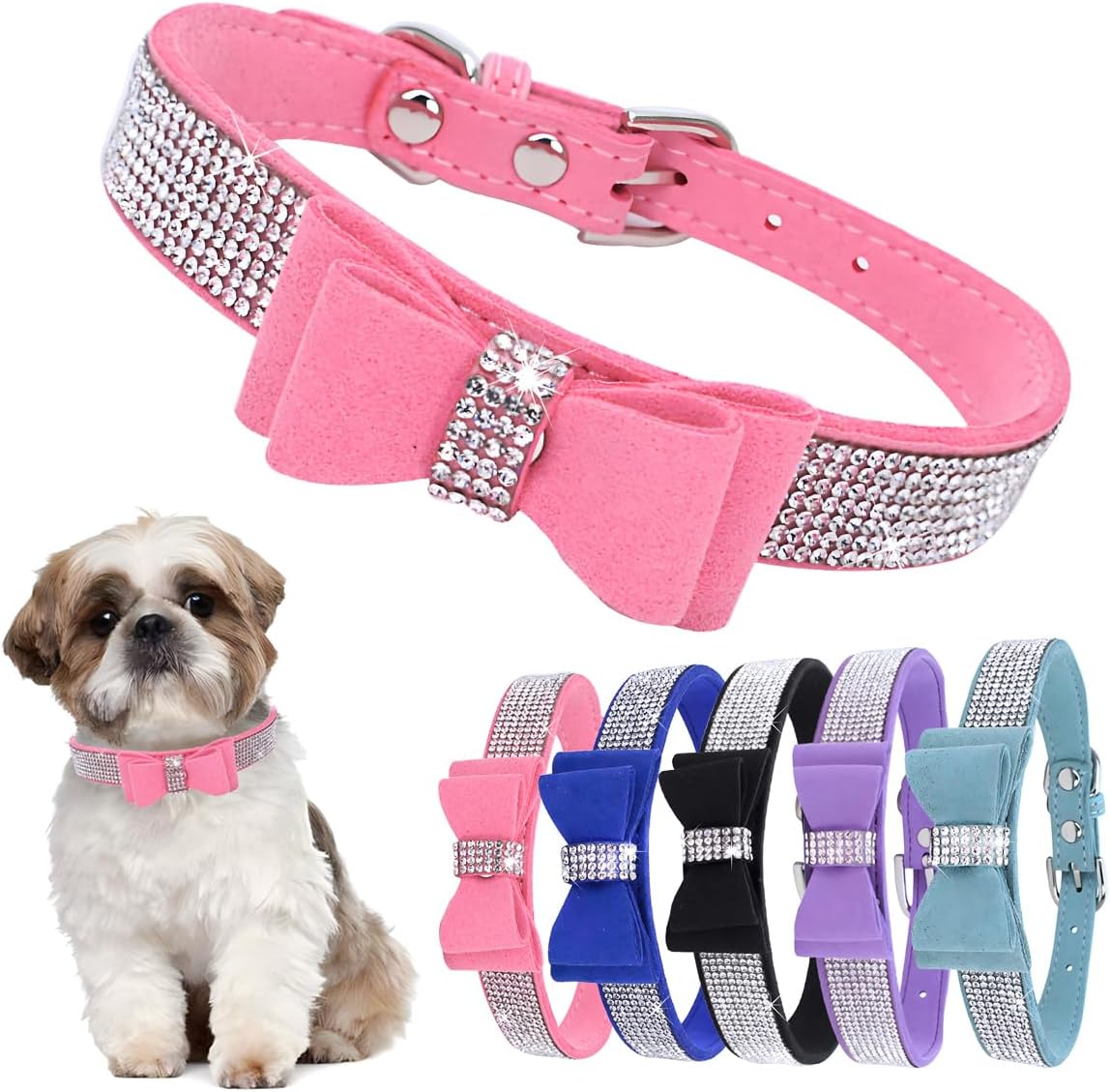 Bowtie Diamante Dog Collar, Pink Dog Collar Adjustable Girls Female