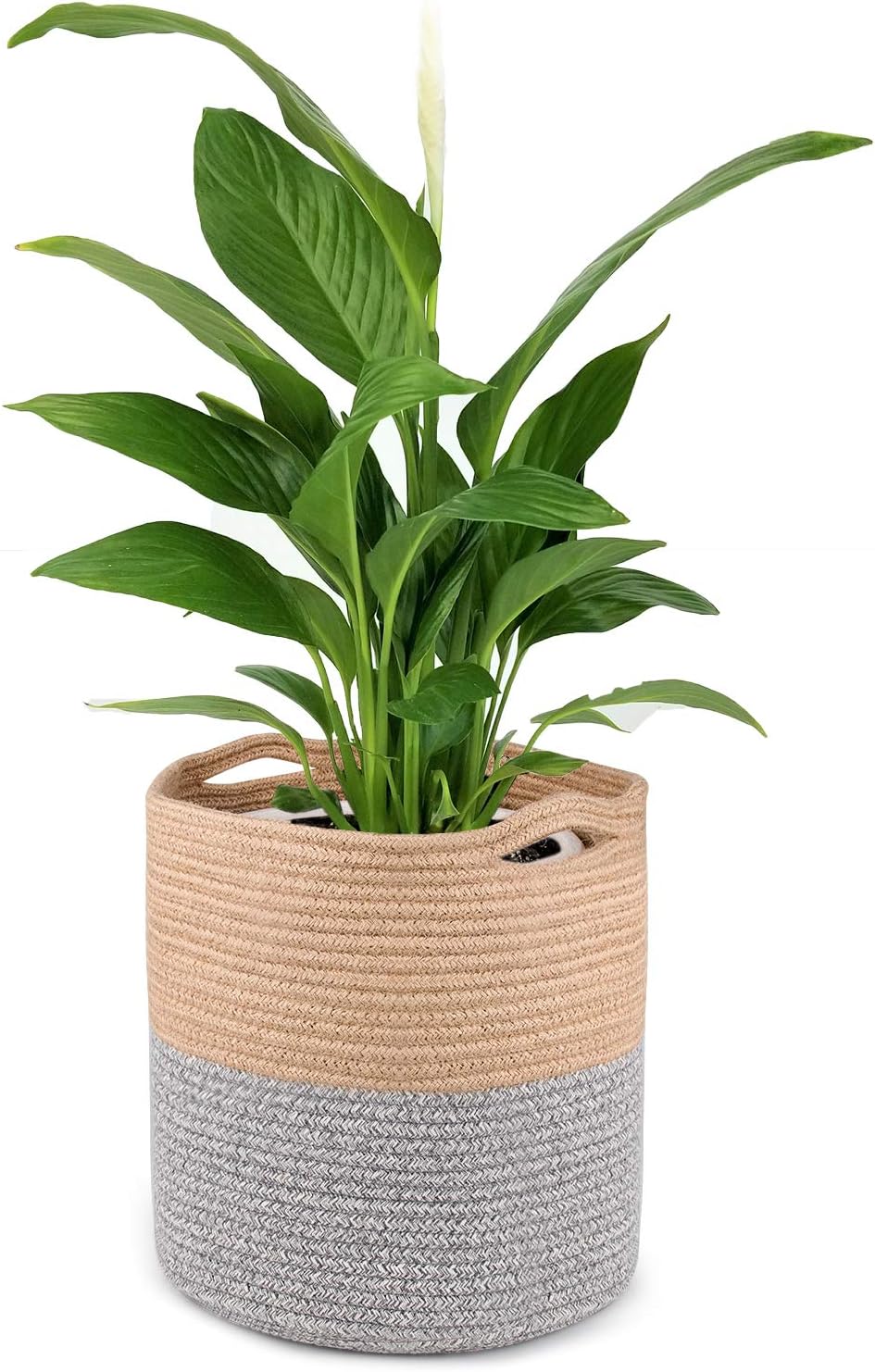 HOMENOTE 12" Woven Plant Basket for 8" to 10" Plant Pot Floor Indoor Planters, Cotton Rope Storage Organizer Basket for Home Decor, Toy Storage Basket with Handles for Kids' Room, Yellow Grey Stripes