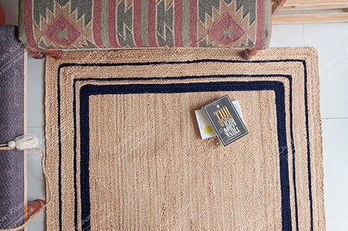 Miniatura 2 de Chouhan Rugs Alfombra trenzada a mano de yute natural con bordes azul marino, tamaño personalizado, tapete de pasillo bohemio tejido a mano