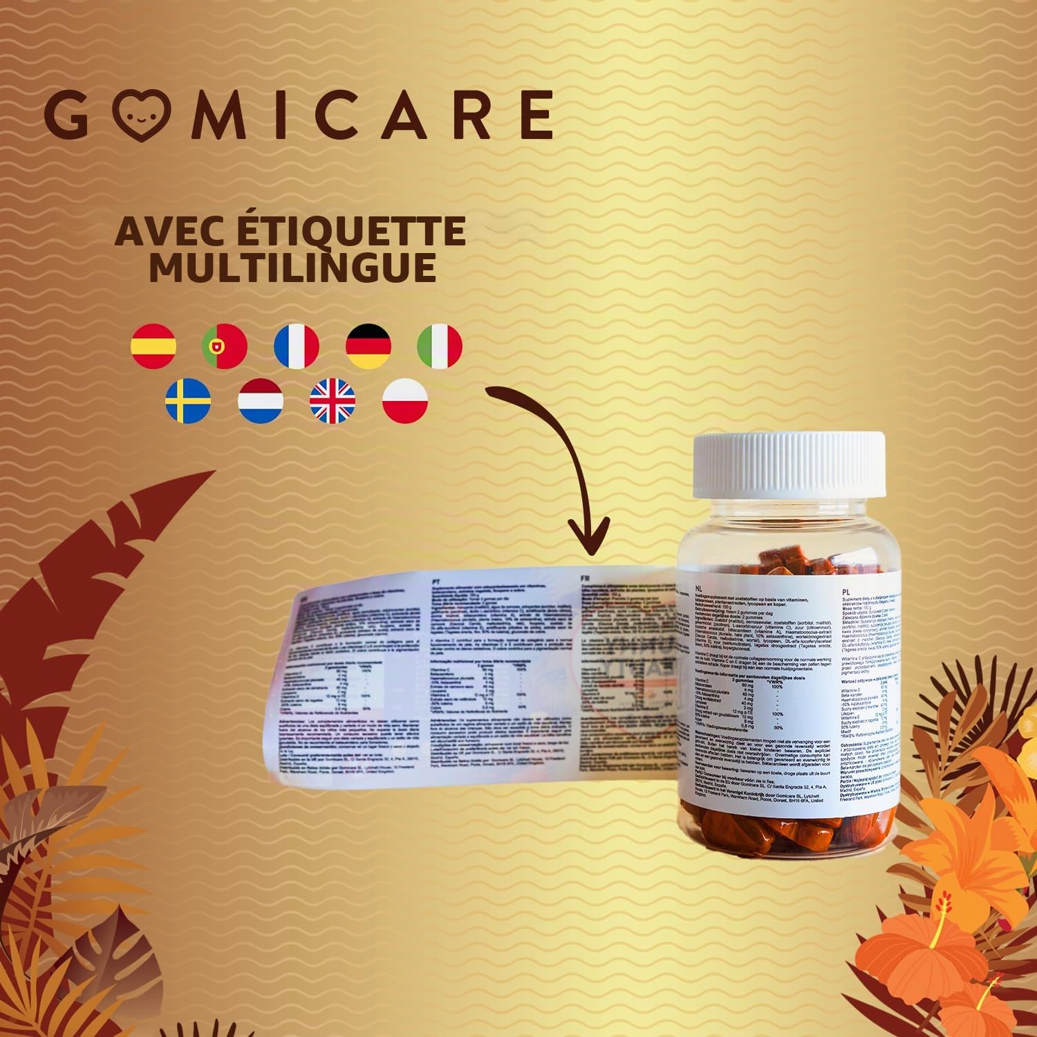 Gummies Solaire Autobronzant au Beta Carotene, Astaxanthine, Luteine, Lycopene et Cuivre – Gummies (Bonbons) Bronzage pour une Peau Dorée et Protegee – 60 unités – Sans Sucre – Sans Gluten