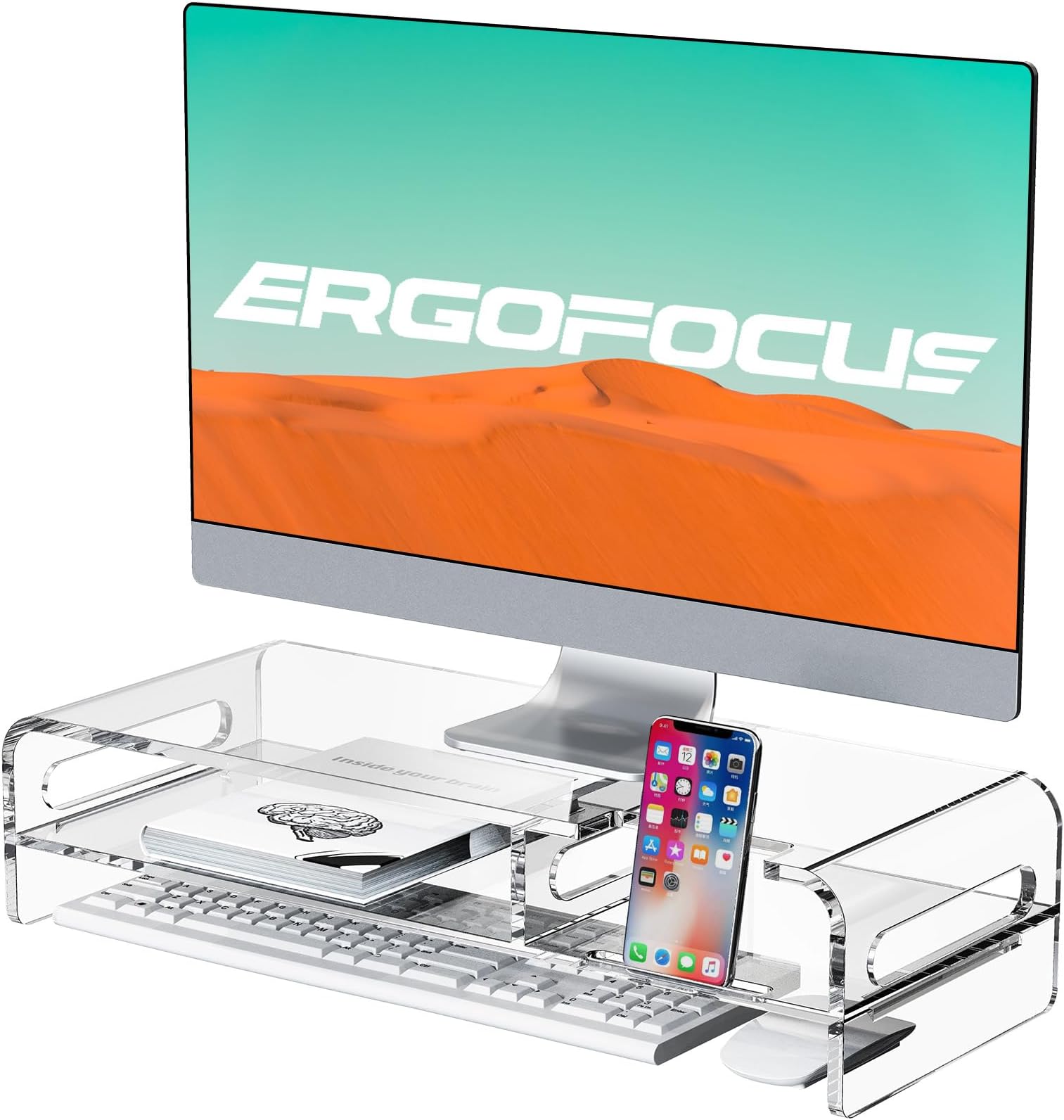 Ikee Design Rialzo Per Monitor In Acrilico Trasparente 3 Livelli Con Scomparti Portaoggetti - Supporto Da Scrivania 50x19x11 Cm, Capacità 6.8 Kg