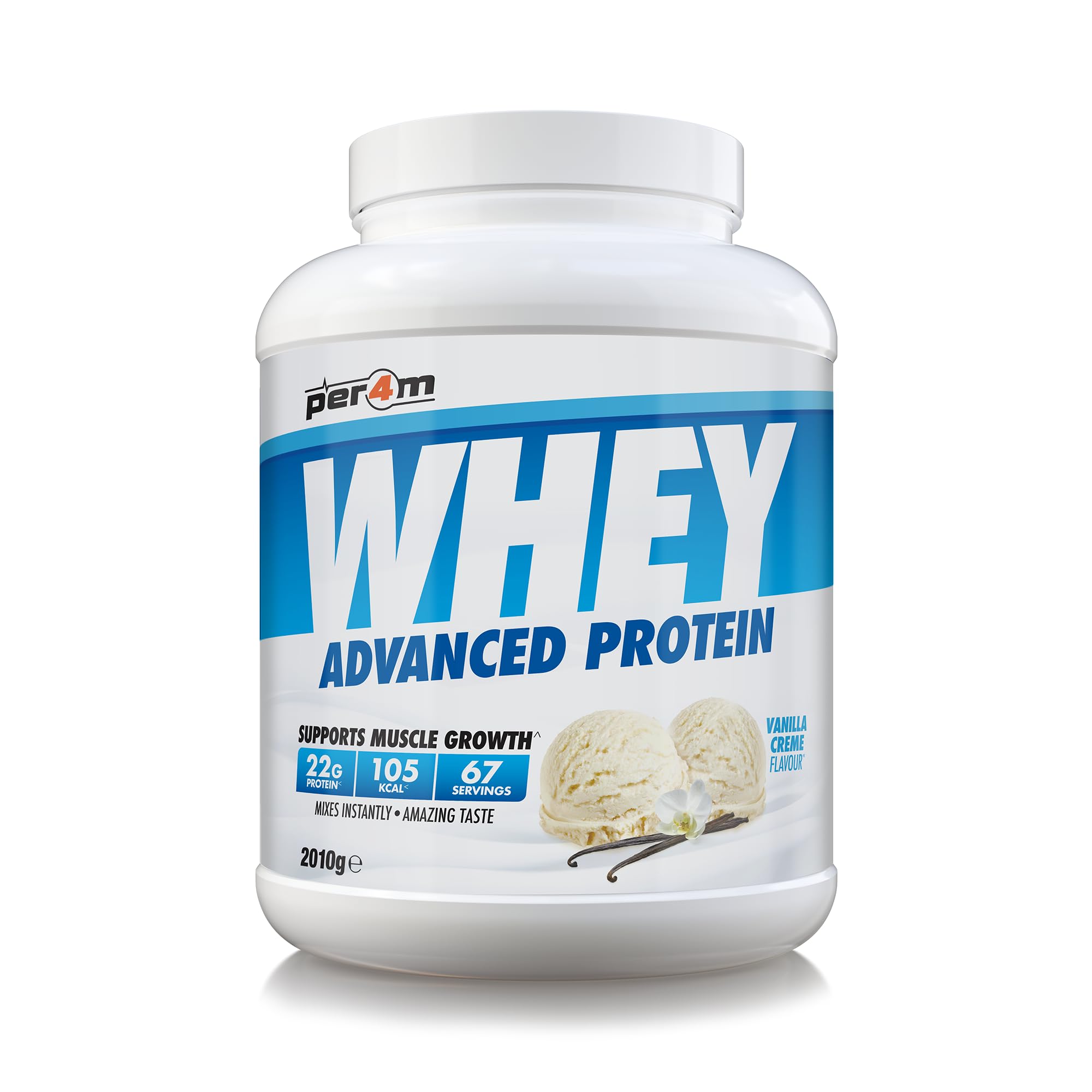 Per4m Whey Protein Powder | High Protein Shake for Muscle Growth & Recovery | Low Sugar Gym Supplement | Sports Nutrition Drink + Amino Acids (2010g, Vanilla Creme)