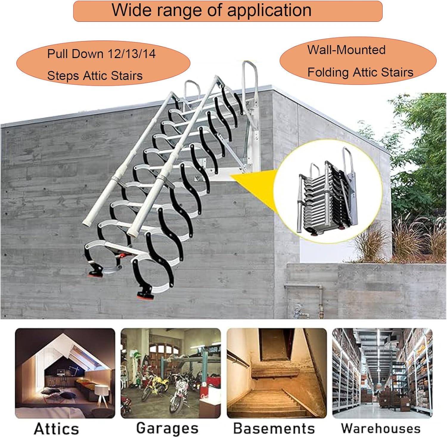2.25m Dachbodentreppe, Extra-Breite Einziehbare Dachboden Klappleiter, Stahl Wandmontierte Versenkbare Treppe mit 2 Handläufen, tragend für 350 kg Abstellräume, Keller und Garagen (9 Stufen)