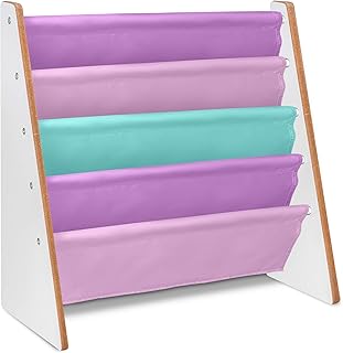 LIVIVO Childrens Colourful Sling Storage Bookshelf – Easy Access Wooden Storage with Soft Fabric Shelves Shelf to Protect Kids Books – Perfect Height (Pinks)