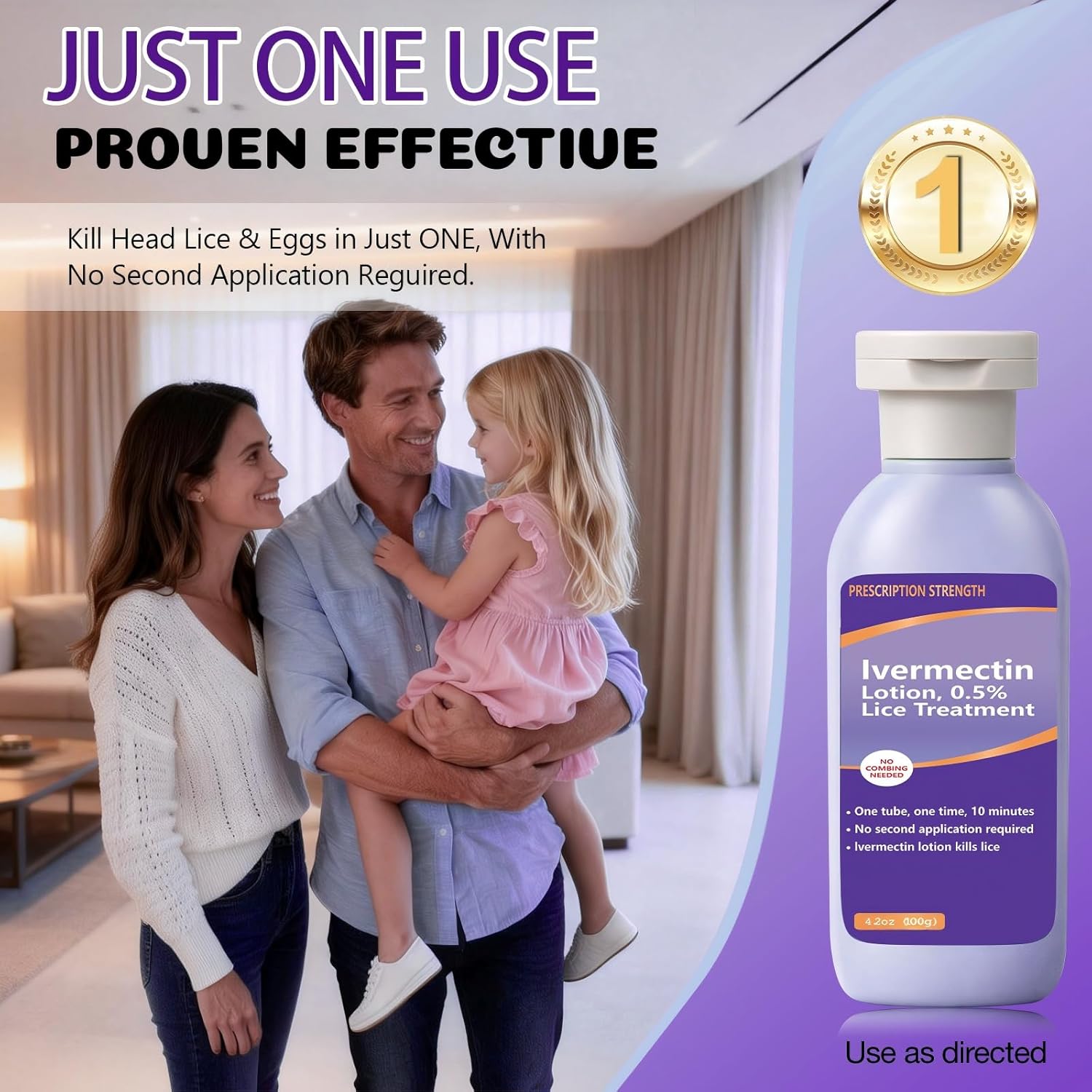 Ivermectin 0.5% Lotion for Head Lice Treatment, Fast-Acting, No Nit Combing Required, Gentle & Family-Friendly, Effective on Resistant Lice, 4.2 oz (100 mL)