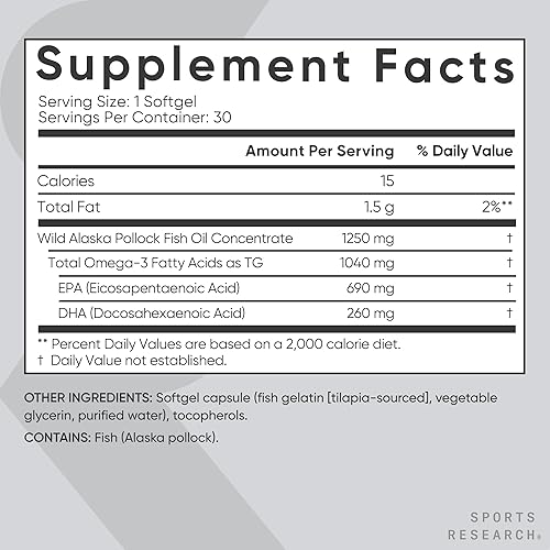 Miniatura 5 de Sports Research Aceite de pescado Omega 3 Triple Strength de 1250 mg de Wild Alaska Pollock - Suplemento de aceite de pescado sin eructos con