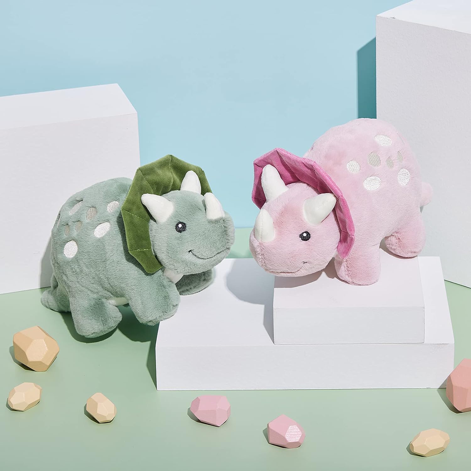 TCBunny Baby Dinosaur 12" Bedtime Stuffed Animal 2-Piece Plush Set, Prefect Kid's Gifts for Boys, Girls, Birthday, Valentine, Christmas (Triceratops-Pink & Green)