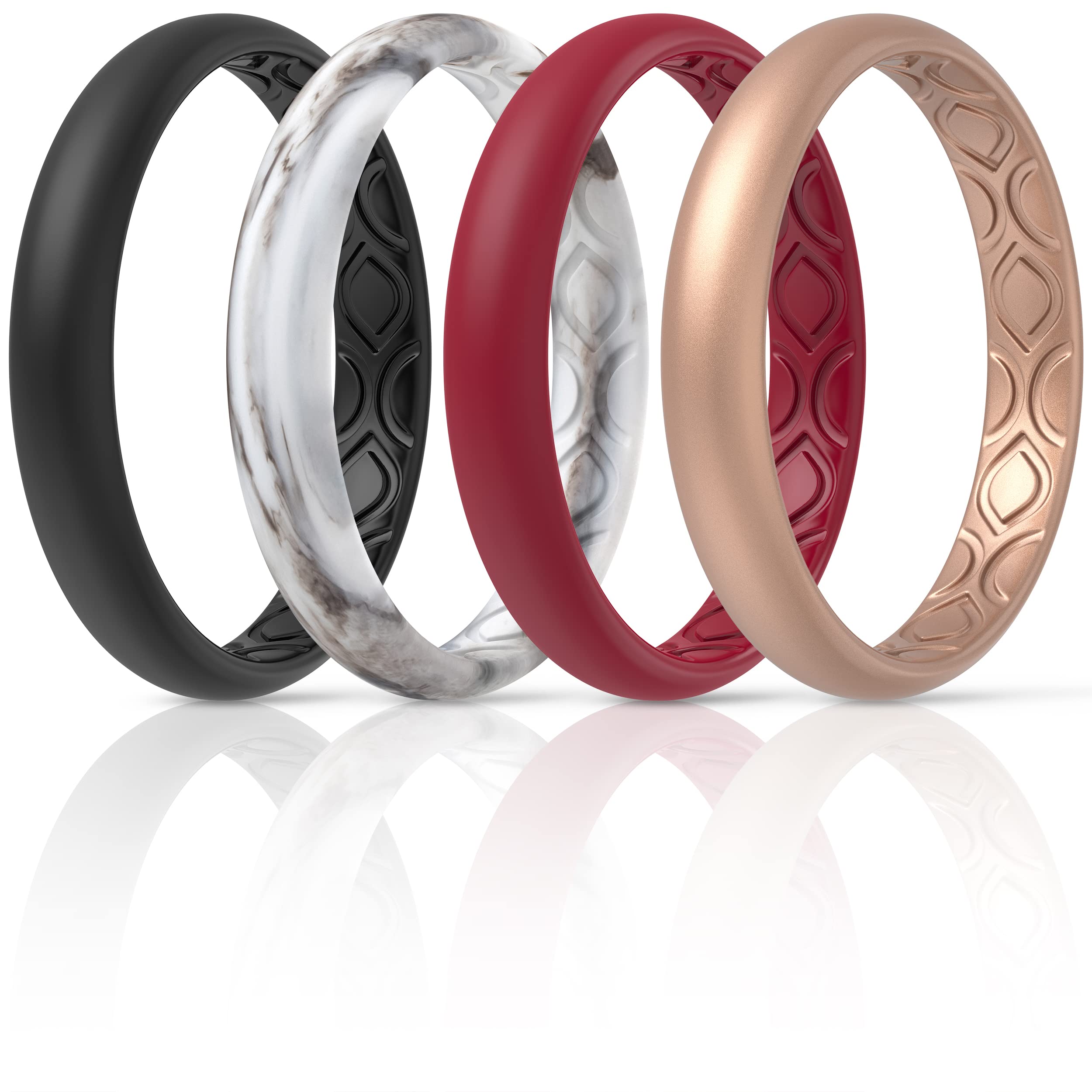 ThunderFit Silicone Wedding Rings for Women, Breathable Air Grooves Engagement Bands 3mm Wide 1.5mm Thick - 1/4/8/12 Variety Multipack (Dark Red, Rose Gold, Black, Marble - Size 9.5-10 (19.8mm))