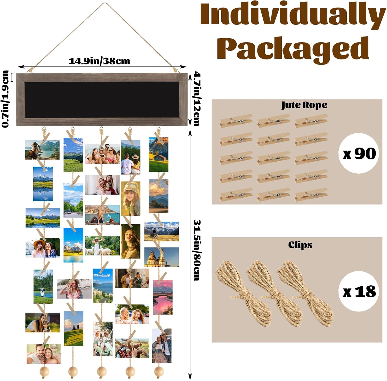 CYEAH 3 Pack Picture Frames Collage Display Board with Clips, Collage Photo Hanging Display Picture Board Wood Rustic Frames for Wall Decor, DIY Photo Frames Photos Cards Organizer for Family Friends