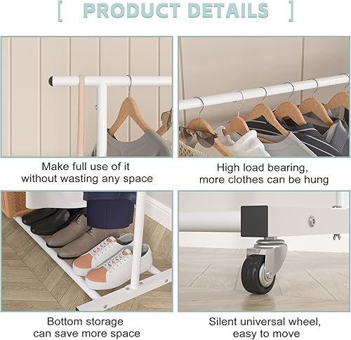 Miniatura 6 de Sywhitta Double Rod Clothing Garment Rack, Rolling Clothes Organizer on Wheels for Hanging Clothes, Easy to Assemble, Adjustable, White
