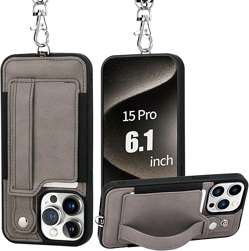 Miniatura 1 de TOOVREN Funda de teléfono para iPhone 15 Pro con tarjetero y correa para el cuello, funda de piel sintética para iPhone 15 Pro, con cordón para