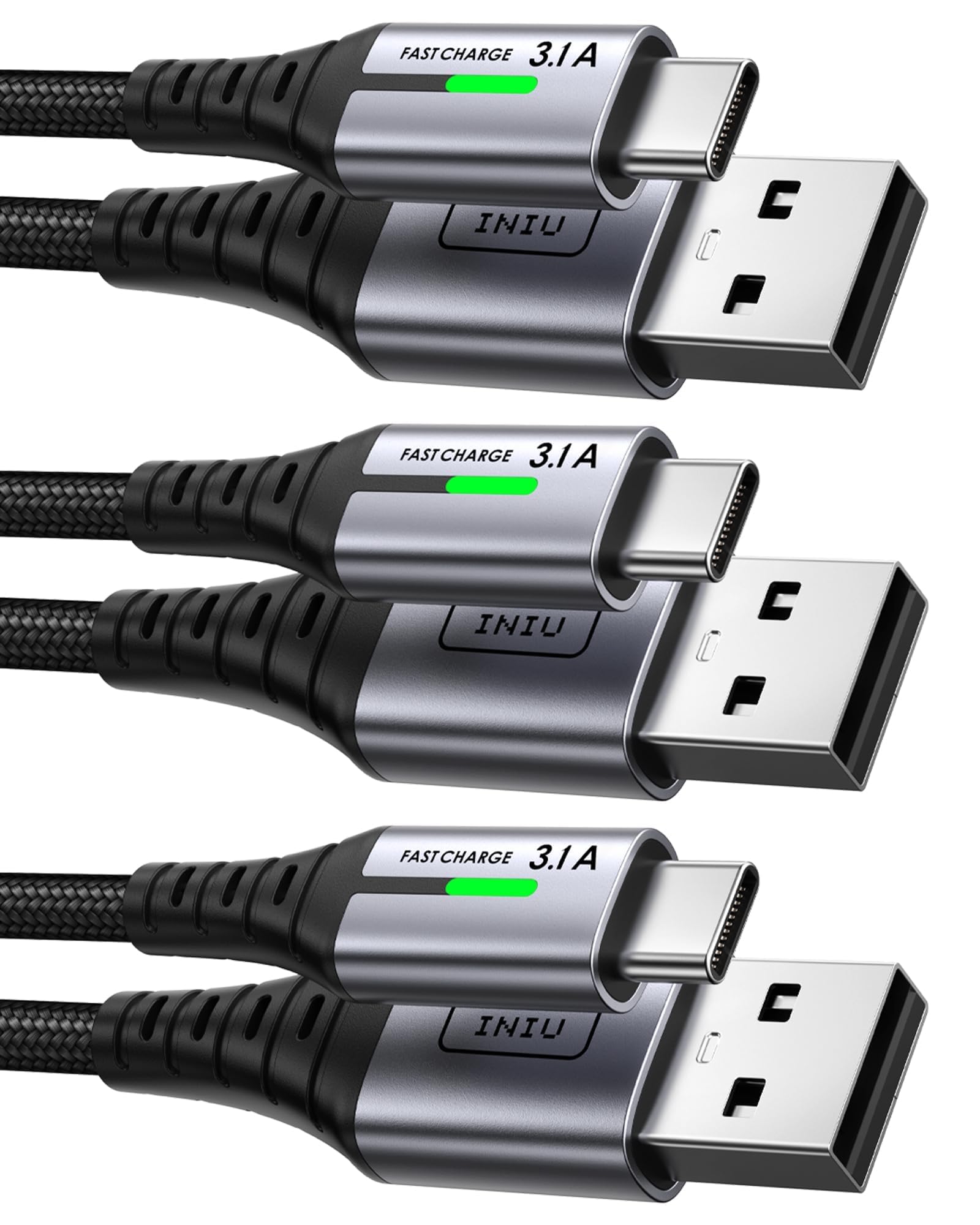 INIU Cavo USB Type-C, Cavo USB A a USB C 3,1A Ricarica Rapida [3Pezzi/0,5+2+2m] Lega Intrecciato in Nylon QC 3,0 Cavo Tipo C per iPhone 17 16 15, Samsung S25 24 Ultra, Xiaomi Huawei Pixel OnePlus ECC.