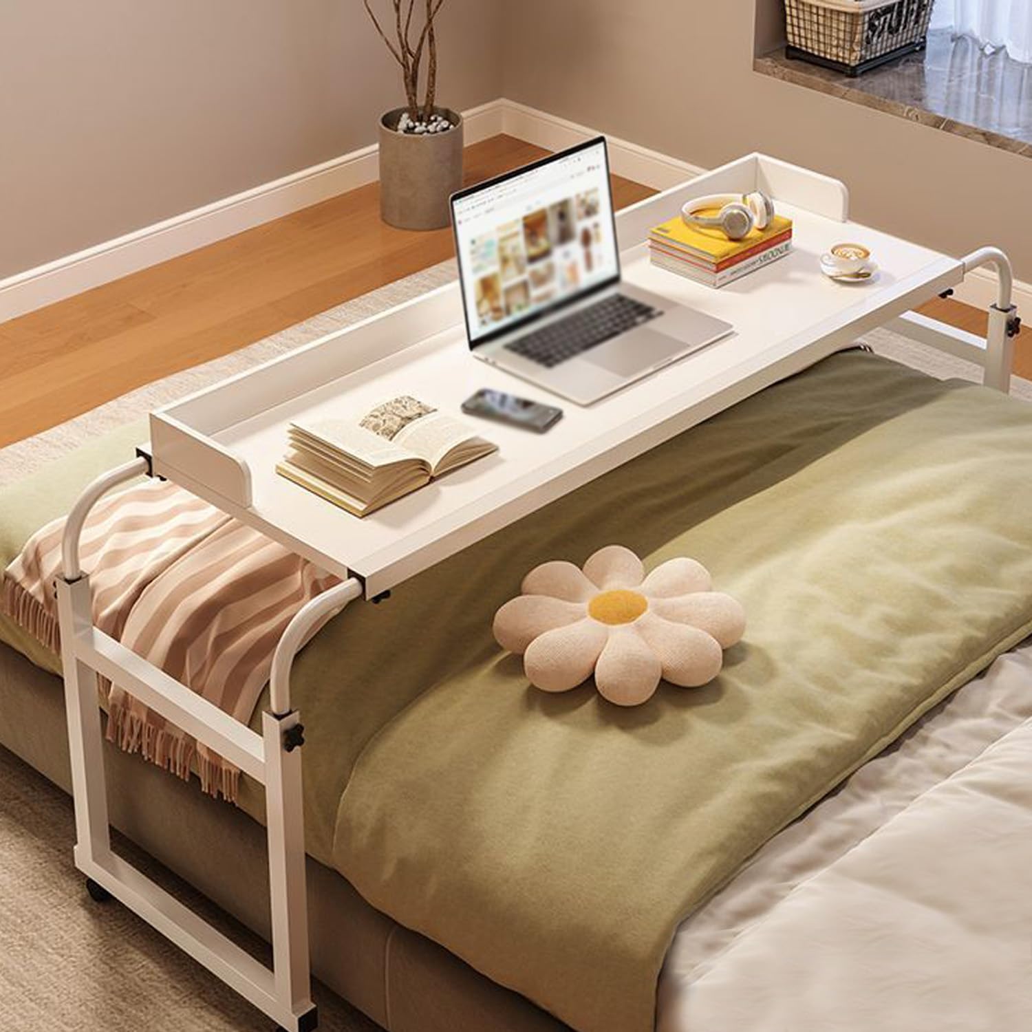 Table Médicale Roulante pour Lit，Table De Lit Roulante Réglable Table De Lit Réglable avec roulettes Tables De Lit Table De Lit Medical Over Bed Table Adjustable Height(Color:Blanc+)