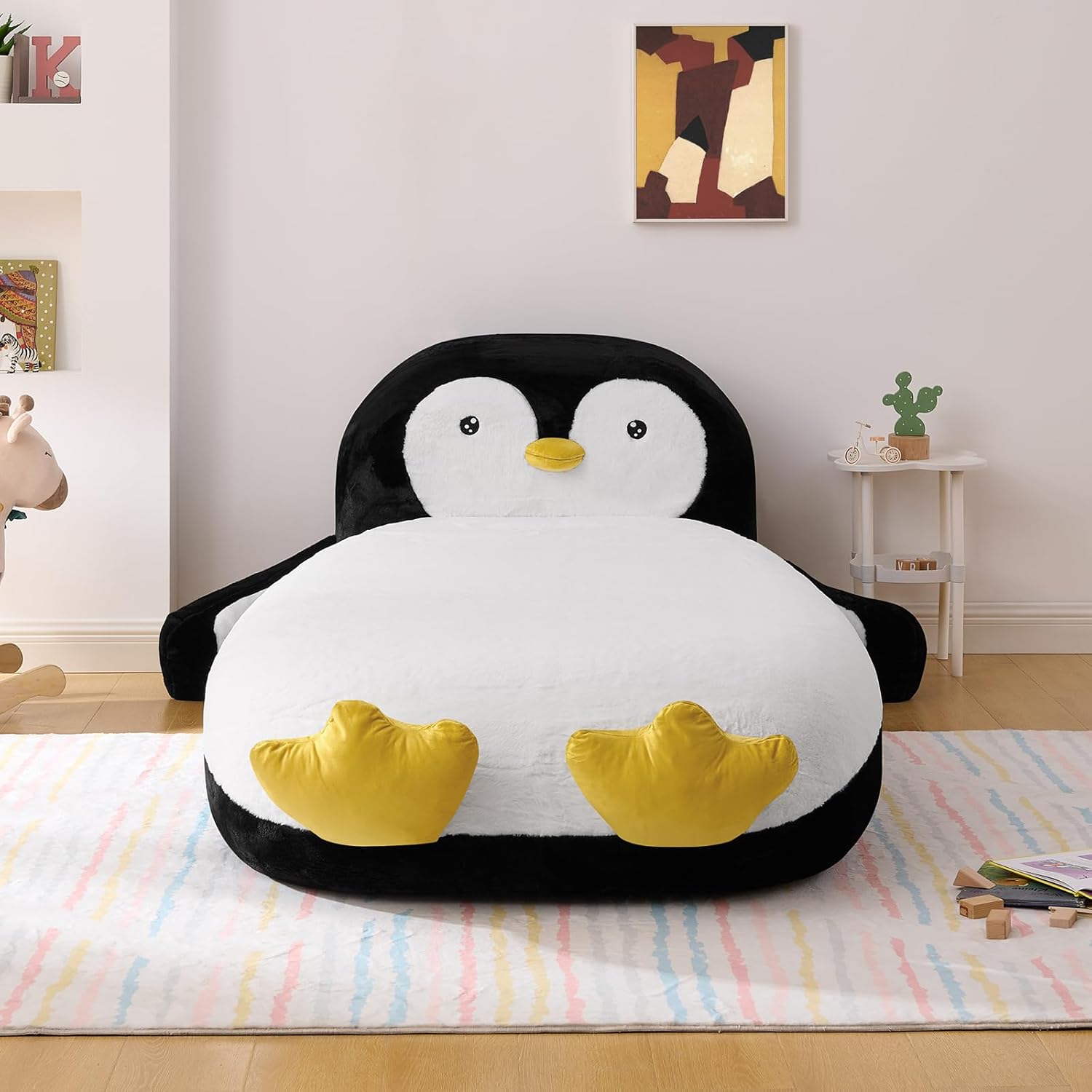 Twin Size Kids Daybed with Penguin Shaped & Headboard, Upholstered Faux Fur Cloud Boneless Memory Foam Bed Mattress, Platform Floor Sofa Couch Bed Frame for Girls, Boys, Teenager, No Assembly Required