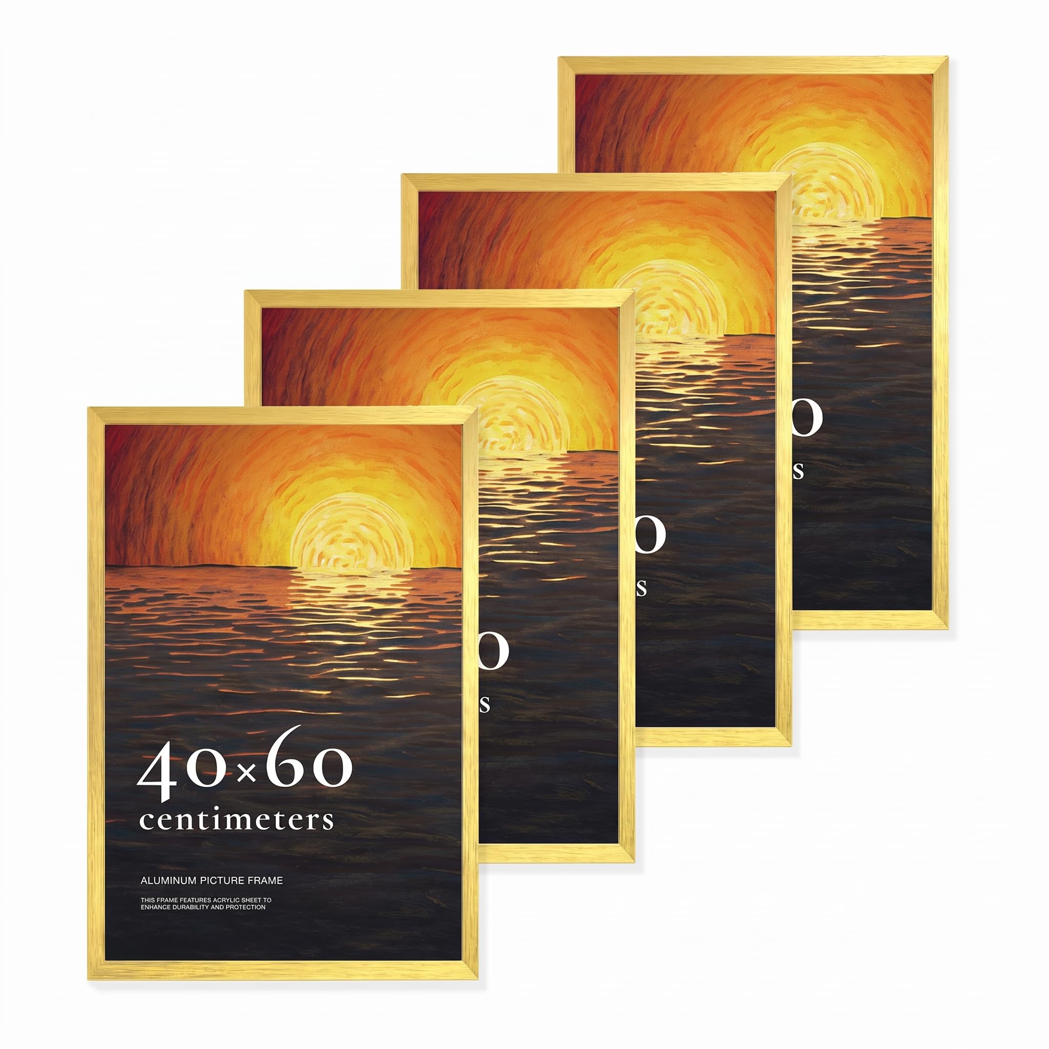 LIVINGTASTE 40x60 cm Aluminum Picture Frame, Brushed Gold, with Acrylic Glass, 4 Pack, Fits 40x60 cm Posters, Ideal for Gallery Display
