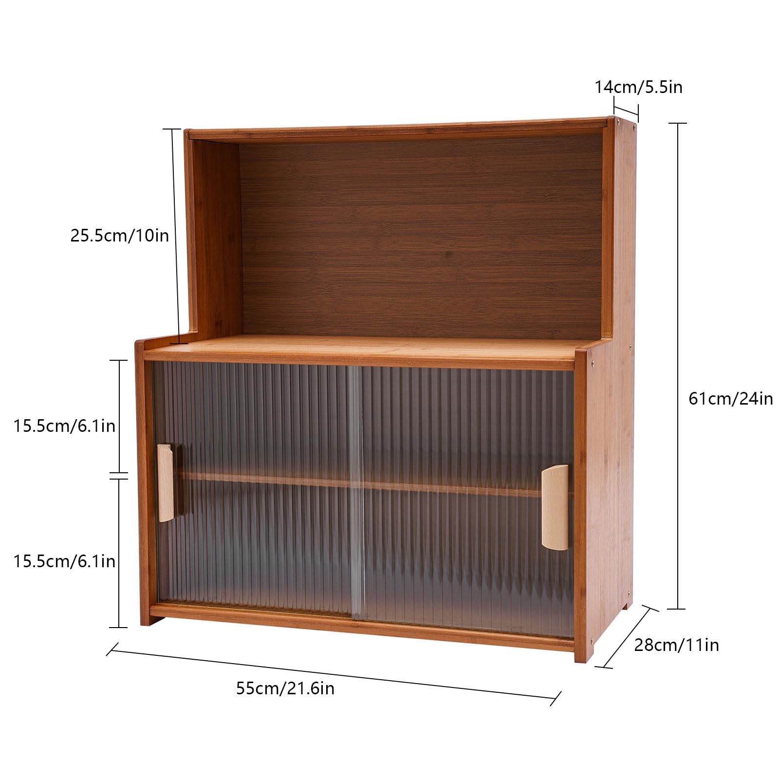 Scaffale da cucina a 4 ripiani, portaspezie in bambù con porta scorrevole in vetro, organizer da cucina per piano di lavoro di spezie, oli, bicchieri e bottiglie, marrone scuro, 55 x 28 x 61