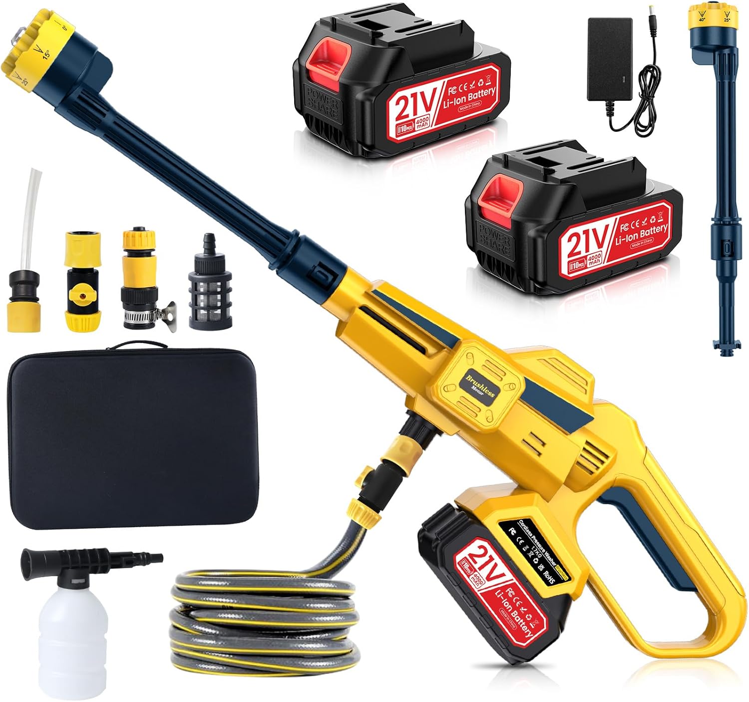 Cordless Pressure Washer, Portable Power Washer 3 Speed Adjustable with Brushless Motor, 2 x 4000mah Batteries, 6 in 1 Spray Nozzles, for Patio Cleaning and Car Washing