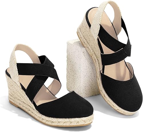 Vista 7 de mysoft Women's Closed Toe Crisscross Elastic Ankle Strap Platform Espadrille Wedge Sandals