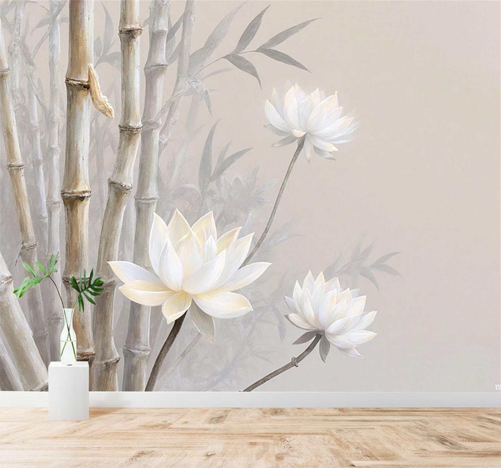 XLMING Minimalist Hand Drawn Elegant White Lotus Bamboo 3D Wallpaper Premium Textured Silk Study Dining Living Room Bedroom Sofa TV Wall Easy Install-350cm×256cm