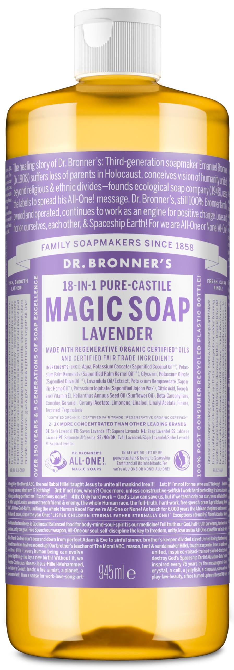 Dr. Broner's Dr Bronner's Lavender All-One Magic Soap, Made With Organic Oils, Used For Face, Body, Hair, Dishes, Mopping And Pets, Certified Fair Trade & Vegan