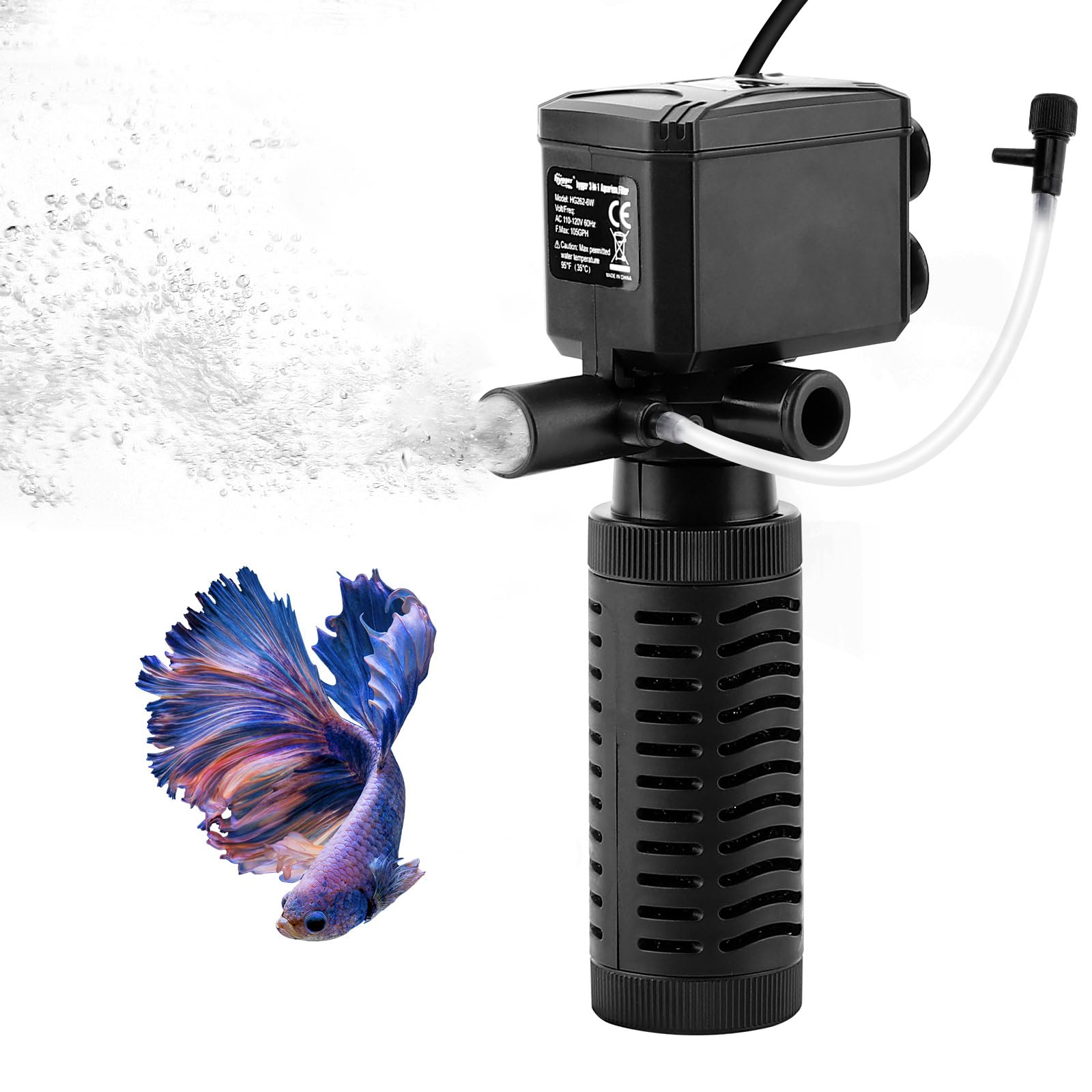 hygger Fish Tank Filter, 4 in 1 Aquarium Filter Pump Internal, Fish Filter Pump, Turtle Tank Fliter, Filtration Circulation Oxygenation Wave-making, for 18-50L Freshwater Saltwater, 6W 400L/H