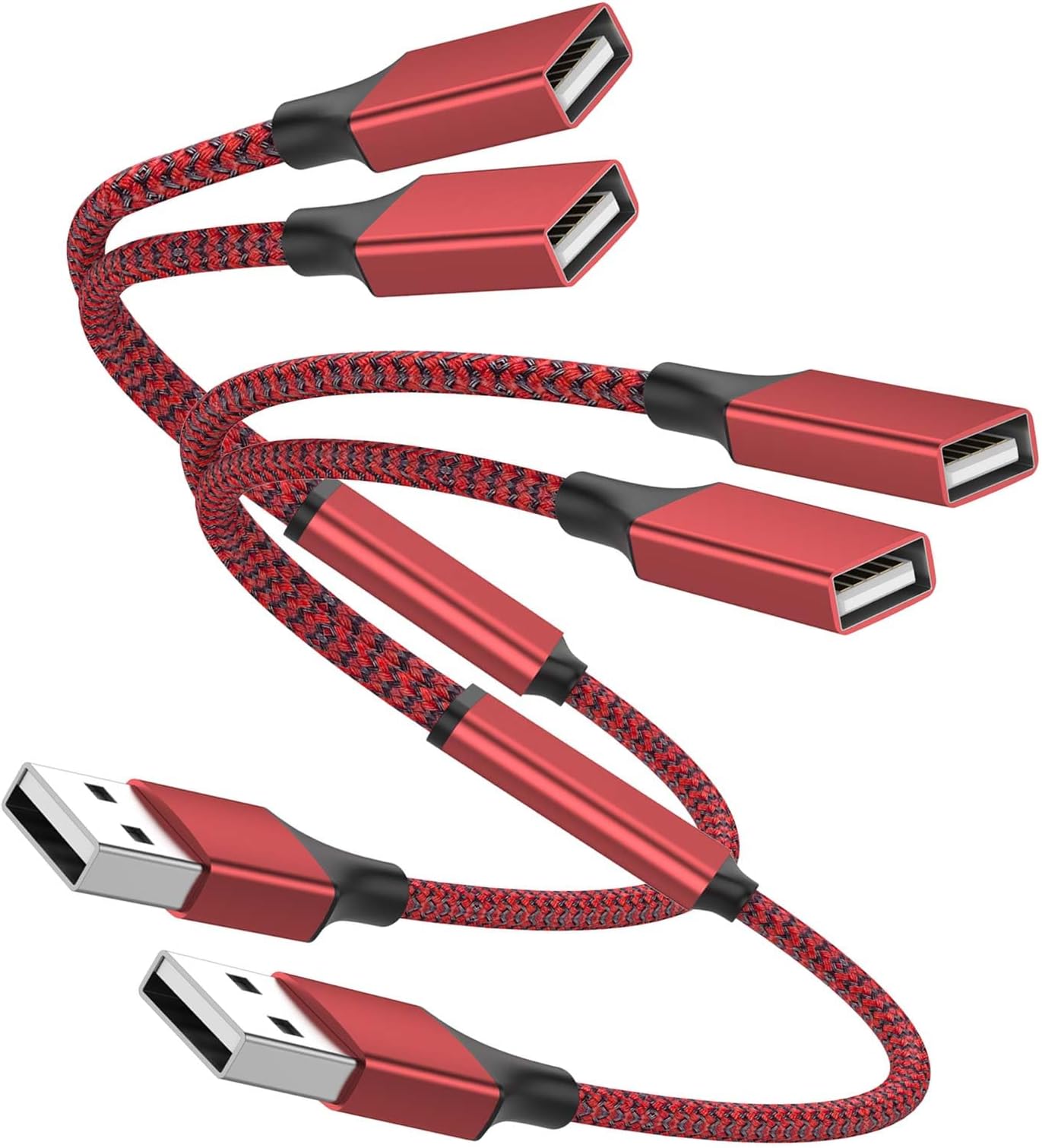 - 2Pack USB Y Splitter 1 in 2 Out Adapter, USBA Male to Two Female Adapter, Dual USB 2.0 Power Cord Extension for Charging/Data Transfer(Carplay NOT Supported, Red)