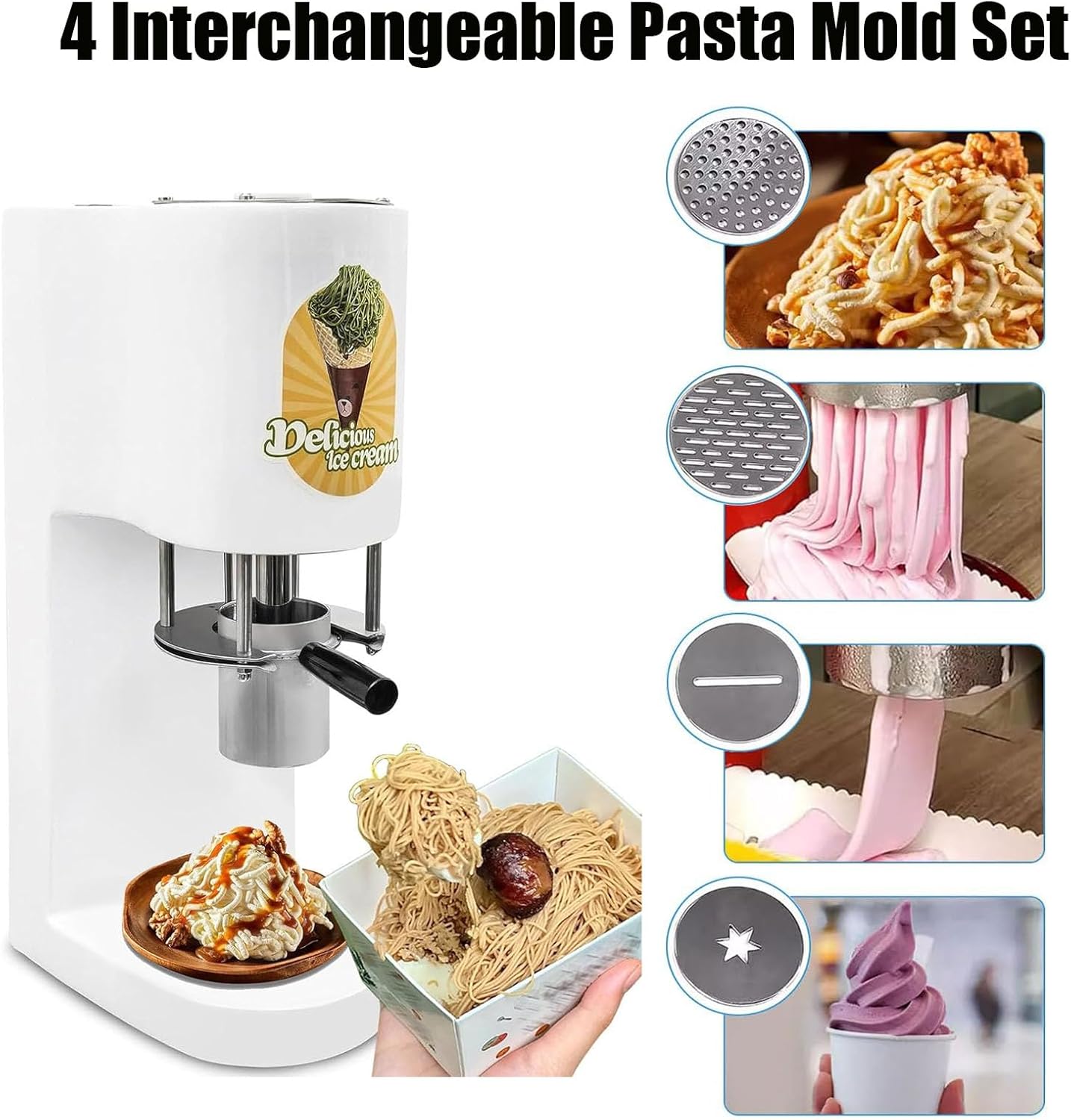 Commercial Spaghetti Ice Cream Maker, Ice Cream Noodle Maker with 4 Noodle Shape Molds,0.42l Stainless Steel Hopper,80w Ice Cream Press Machine
