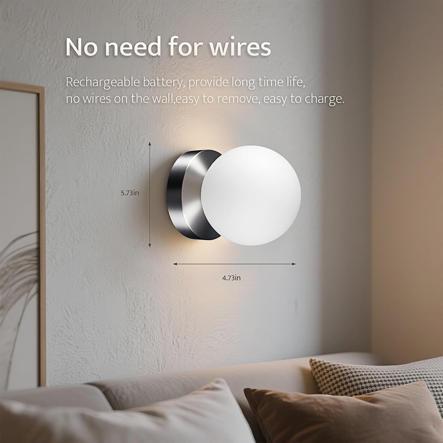 Battery Operated Wall Sconce, Dimmable Wireless Brushed Nickel Wall Lamp with 5200mAh Rechargeable Battery, Portables Cordless Wall Light Fixtures for Painting Living Room Bedroom Hallway image 2