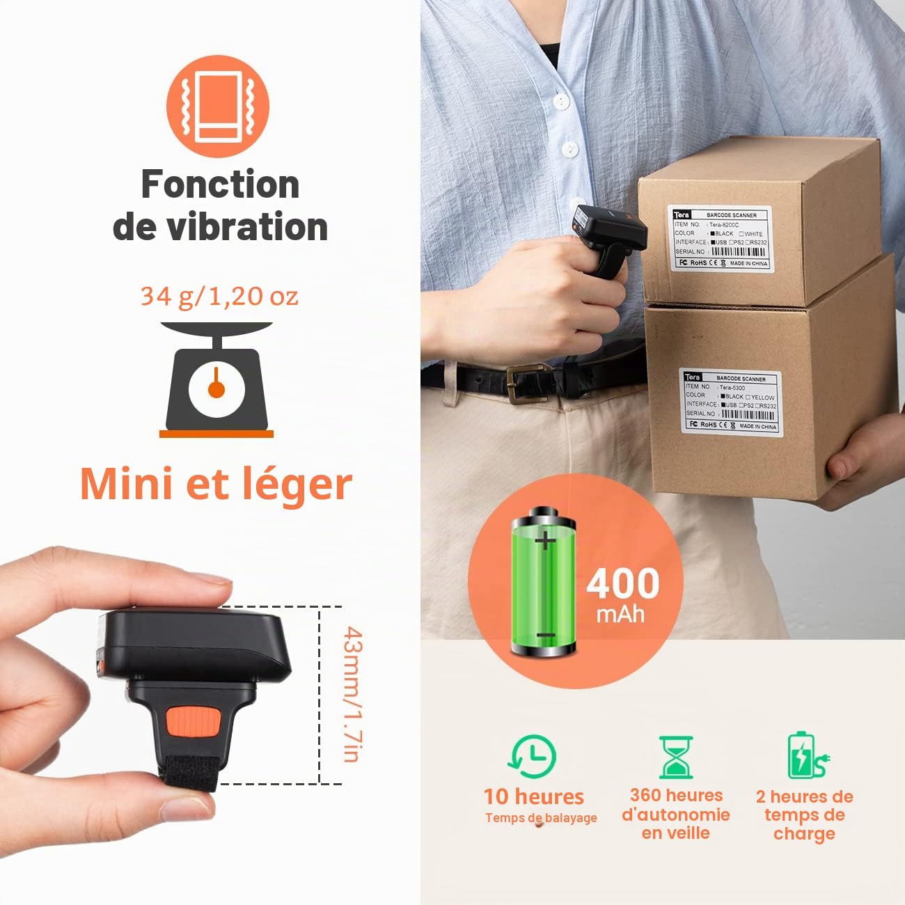 Tera Pro Series Mini CMOS Ring Scanner de Codes-Barres 1D 2D QR Scanner sans Fil Bluetooth et sans Fil 2.4G et USB 2.0 Portable, HW0010