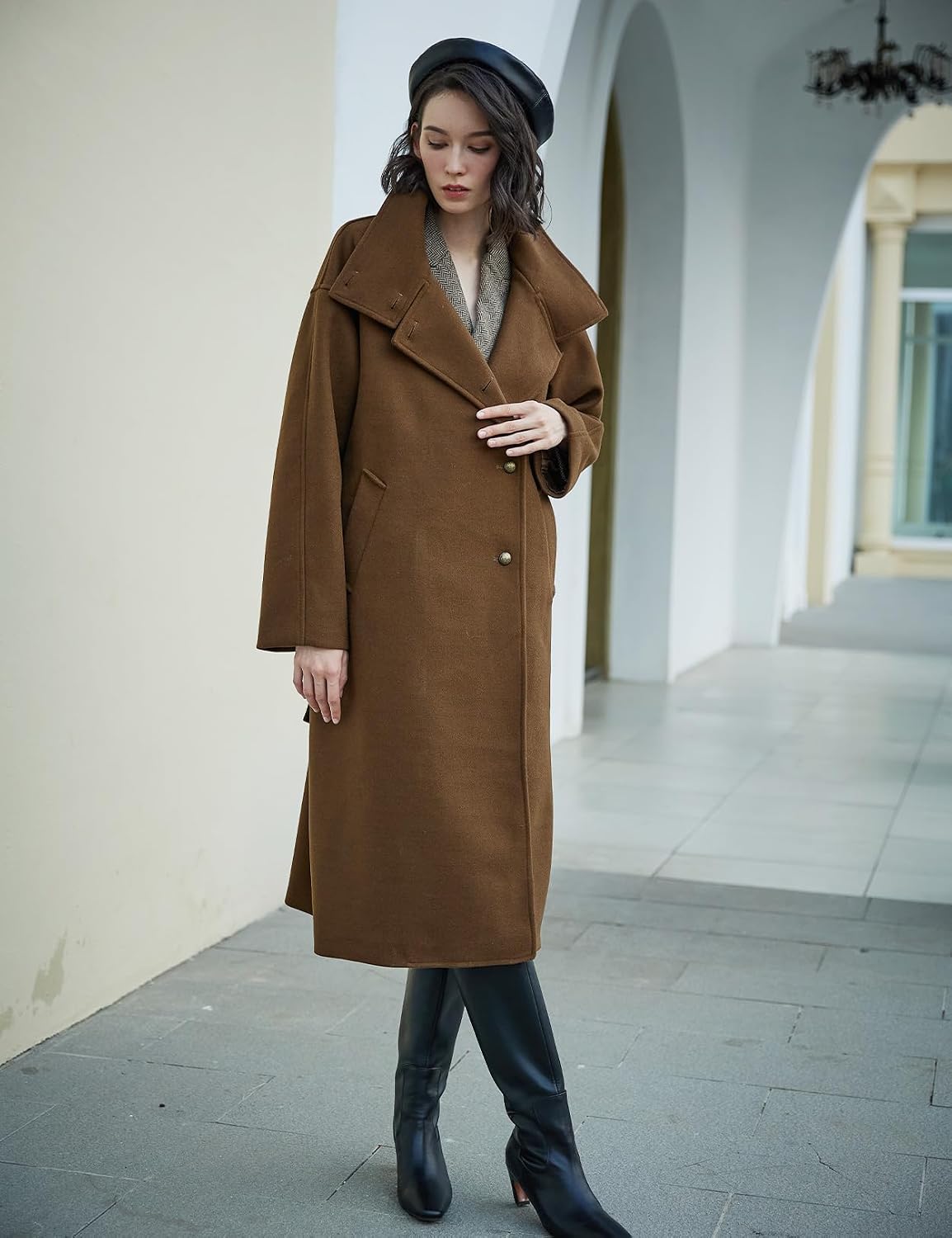 BEAUTELICATE Womens Wool Coat Single Breasted Winter Long Trench Coat with Belt 2 Pockets