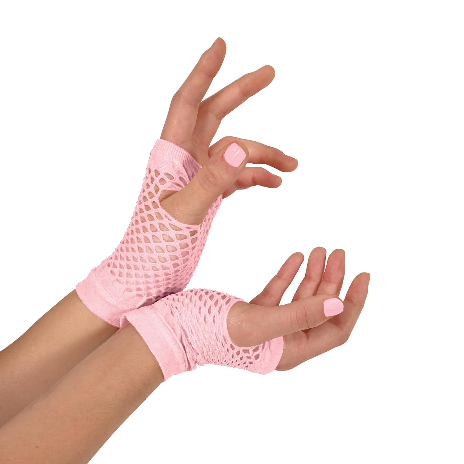 Beistle Pink Short Fishnet Gloves – 2 Pairs, Fingerless Stretch Mesh Costume Accessories with Elastic Wrist Cuffs, Retro 80s Neon Party Wear, Halloween Outfit Accents for Dance Rave Themed Events