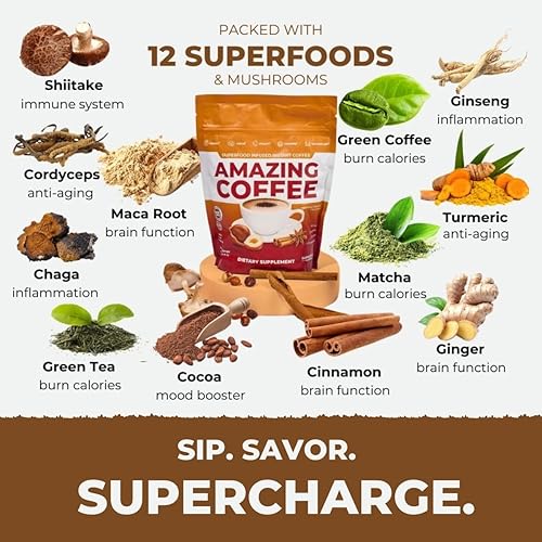 Miniatura 8 de Superfoods Company Amazing Coffee - Tostado francés instantáneo  Hongos adaptogénicos, superalimentos infundidos - Energía, enfoque, digestión,