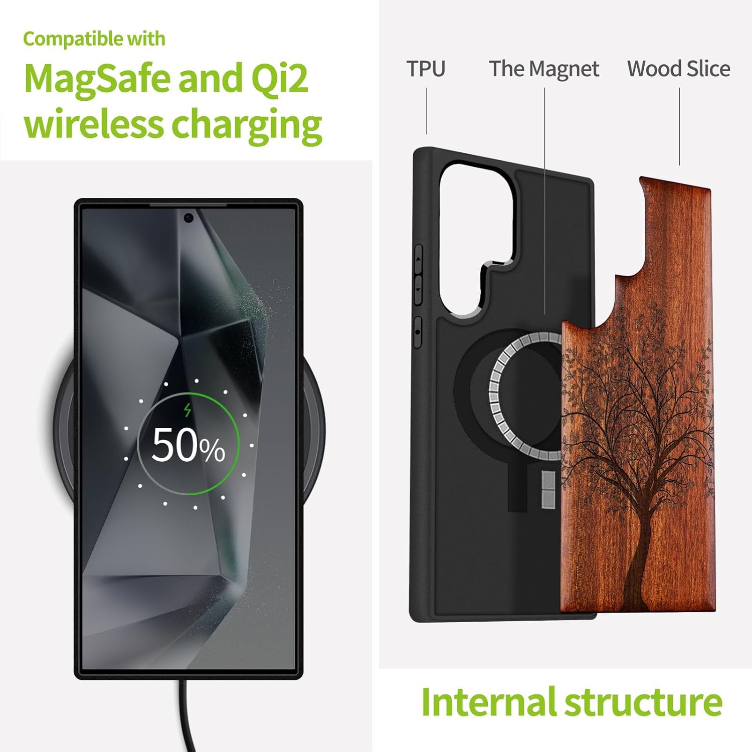 Carveit Magnetic Wooden Case for Samsung Galaxy S25 Ultra Case 2025, TPU Shockproof Cover & Wood Artisan Engraved, Compatible with MagSafe Wireless Chargers (Leafy Tree) Rosy