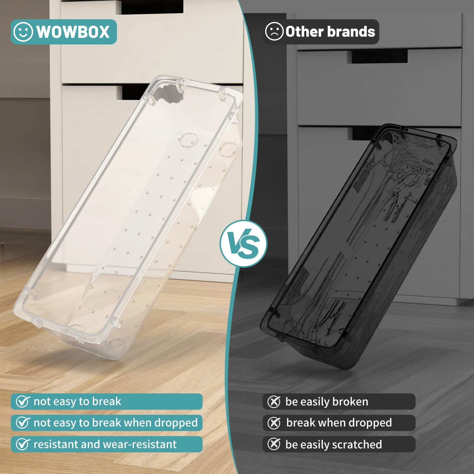 WOWBOX Set di 24 organizer per cassetti in plastica trasparente, 4 misure, per organizzare e riporre trucchi, cosmetici, gioielli e gadget in cucina, bagno, camera da letto, ufficio, trasparente